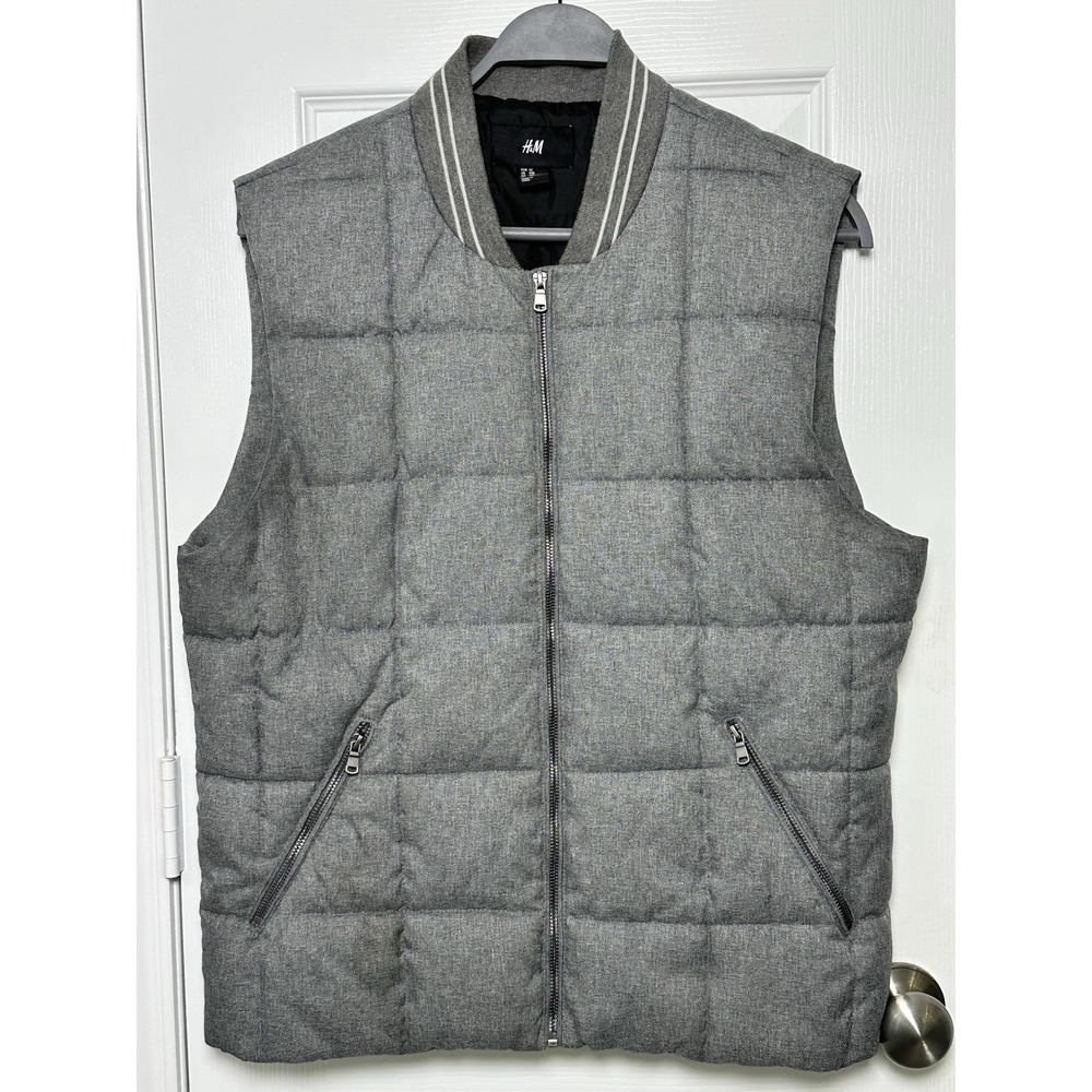 H&M Men's Gray Varsity Puffer Vest Size 42R‎ XL Full Zip Pockets
